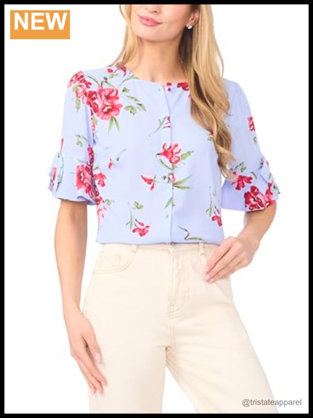 Women's Flounce Bow Sleeve Blouse, 3/4 Sleeve, Polyester, Button Front, Regular